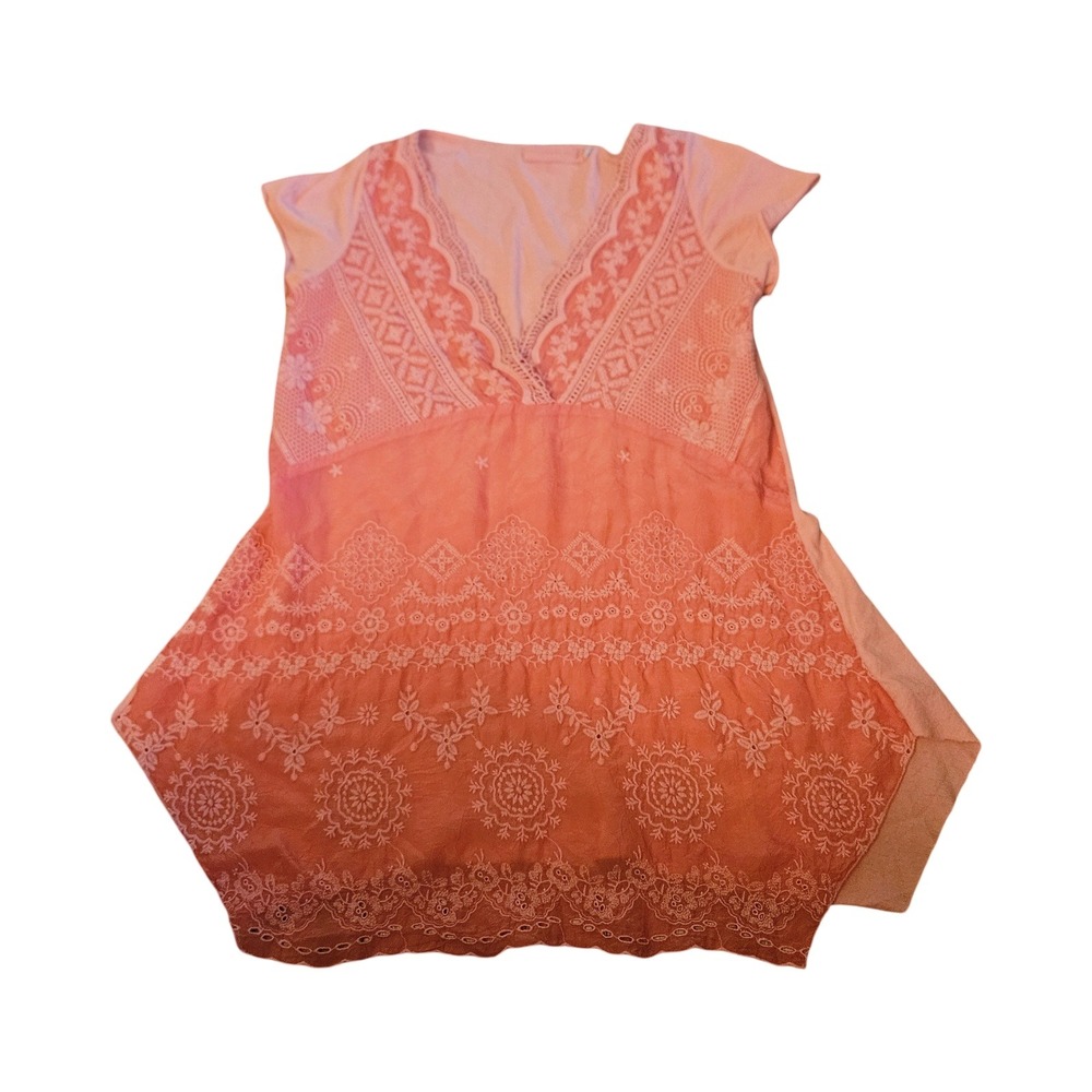 Love and Liberty Coral Peach Embroidered Lace Tunic Top Small Boho Floral V-Neck